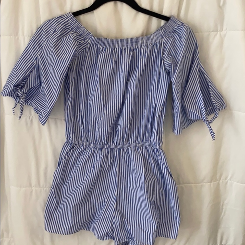 Blue and white striped romper off the shoulder